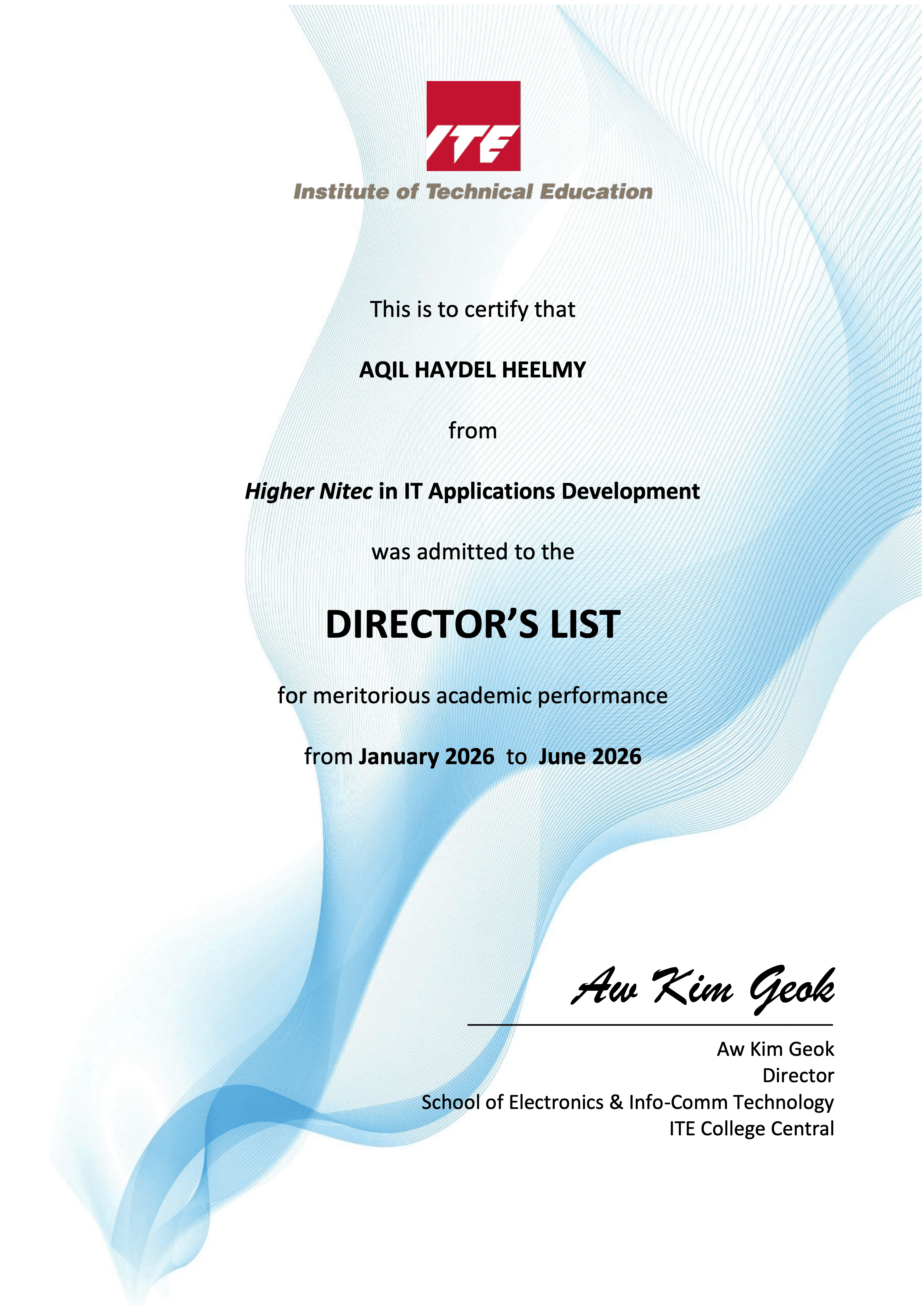 ITE Director's List certificate for Aqil Haydel Heelmy, January 2026 to June 2026